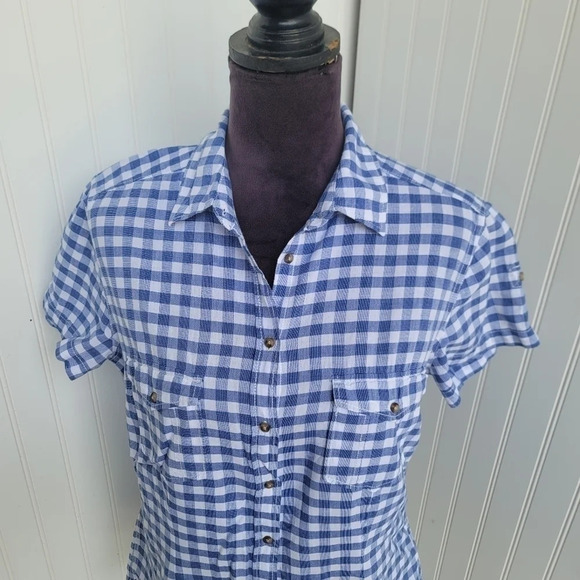 H&M LOGG Shirt Womens Blue White Button Up Plaid Shirt Short Sleeve Cotton Sz 14 - Picture 8 of 11
